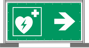 Bauzaunbanner Mesh Grün mit Rettungszeichen Weiß nach DIN ISO 7010 Defibrillator rechts